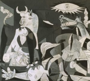 Obra Guernica, de Pablo Picasso, ilustrando a história da tecnologia antirreflexo e do vidro museológico